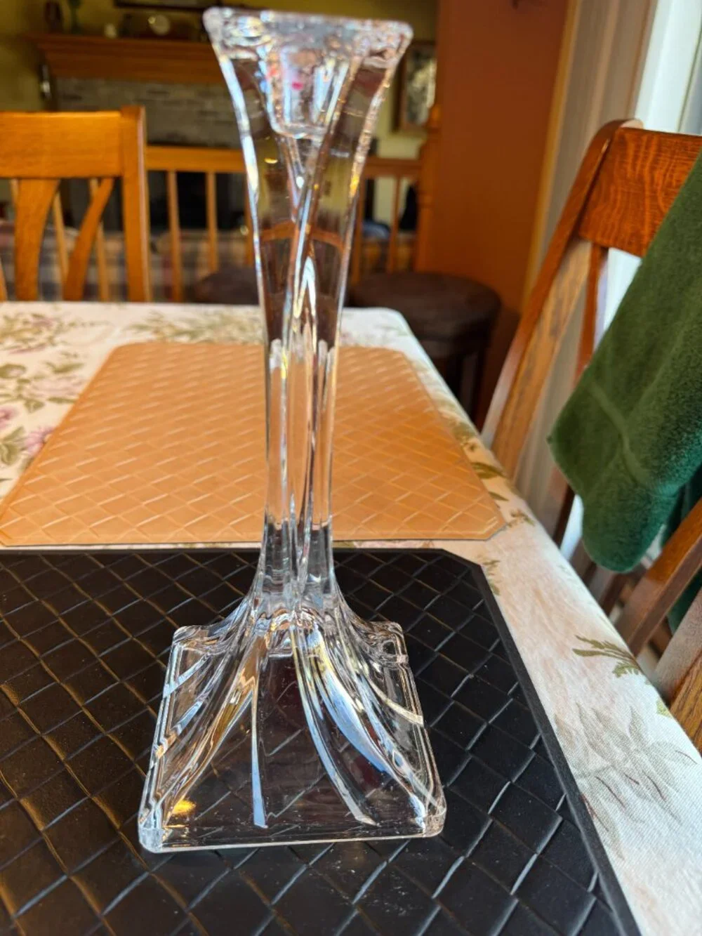 Pair of Delomb Toscany Tall Lead Crystal Clear Candlestick Holders 10